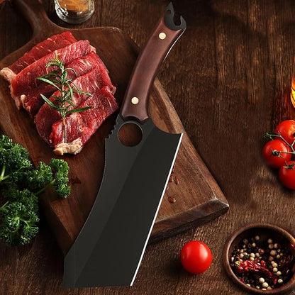 Dream Reach Meat Cleaver, 6.9 inch Black Boning Knife, High Carbon Steel Sharp Kitchen Forged In Fire Knife with Sheath Gift Box Bottle Opener for Outdoor Camping, Christmas Gifts for Men Women