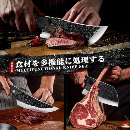 TIJERAS Butcher Knife Set For Meat Cutting, 3PCS Hand Forged Cooking Knives Set With Ergonomic Handle, High Carbon Steel Meat Bone Cleaver for Kitchen Camping BBQ, Birthday Gifts for Men Women