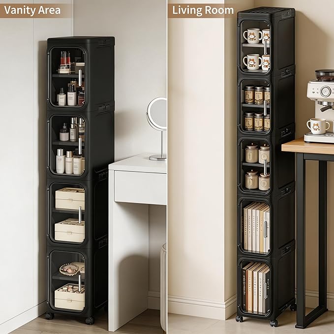 LXLXXL 4-Tier Narrow Storage Cabinet Slim Bathroom Storage Cabinet with Movable Wheels Tall Bathroom Organizer Skinny Cabinet for Small Spaces，Black