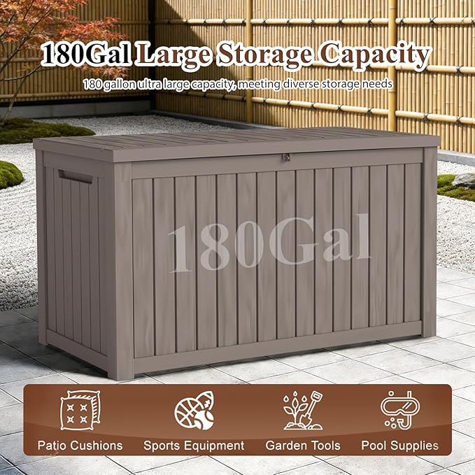 FEFLO 180 Gallon Waterproof Resin Outdoor Storage Box, Lockable & UV Resistant Patio Deck Boxes, Outside Storage for Patio Cushions, Pool Toys, Garden Tools & Package Delivery, Brown