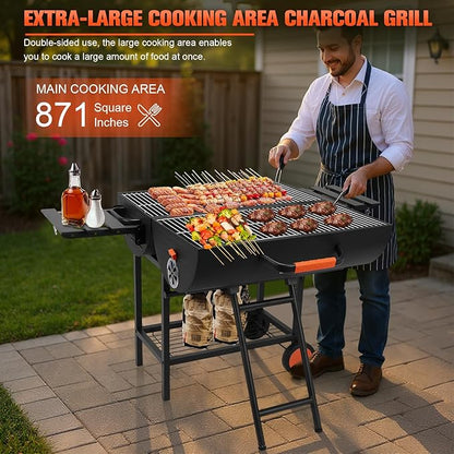 Generic Barrel Barbecue Charcoal Grill 871 Square Inches Cooking Area Outdoor BBQ Grill with 2 Foldable Side Tables Charcoal Barrel Grills for Patio Backyard Camping Picnics Tailgating Parties