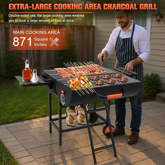 Charcoal Barbecue Grill Outdoor BBQ Grill 871 Square Inches Cooking Area Portable Charcoal Grills with 2 Foldable Side Tables for Backyard Patio Picnic Parties Camping