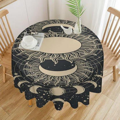 Vintage Tarot Round Tablecloth Boho Mystical Astrologer Zodiac Full Moon Phases Star Galaxy Space Table Cloth Water Resistant Wipeable Table Cover for Picnic Party Holiday Kitchen Dinner Table 50"