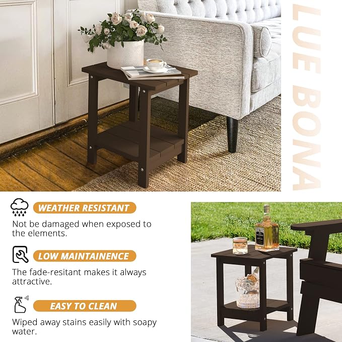 LUE BONA Outdoor Side Table, 2-Tier HDPS Small Patio Table, Dark Brown | 2-Tier Shelf for Extra Storage, Small End Table for Pool, Porch, Balcony, Weather Resistant HDPS, Easy Clean