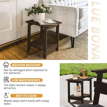 LUE BONA Outdoor Side Table, 2-Tier HDPS Small Patio Table, Dark Brown | 2-Tier Shelf for Extra Storage, Small End Table for Pool, Porch, Balcony, Weather Resistant HDPS, Easy Clean