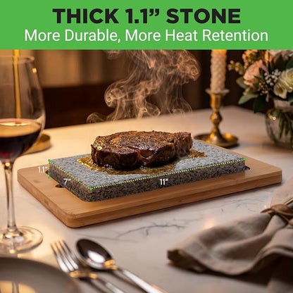 NutriChef Sizzle Hot Cooking Stone Grill with Bamboo Platter, Tabletop Granite Stone Grill with Non-Slip Handles, Adjustable Temperature Control, 550°F Max Heat - Perfect for Meats and Vegetables