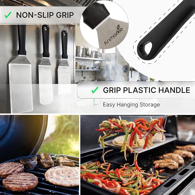 Anmarko Stainless Steel Metal Spatula, Hamburger Turner with Black Handle and S-Hook