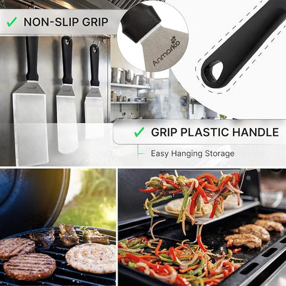 Anmarko Stainless Steel Metal Spatula, Hamburger Turner with Black Handle and S-Hook