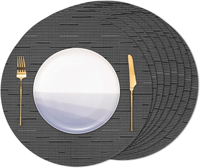15 Inch Round Placemats Set of 8, Washable Vinyl Woven Place Mats | Heat Resistant Non-Slip Braided Table Mats for Dining Table Kitchen Indoor & Outdoor Use (Black Dark Gray, Set of 8)