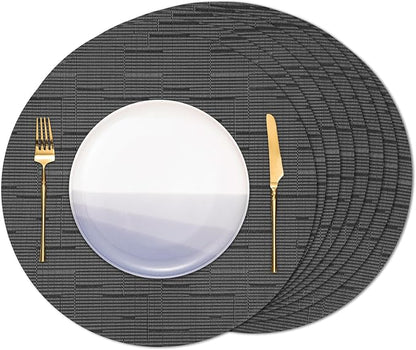 15 Inch Round Placemats Set of 8, Washable Vinyl Woven Place Mats | Heat Resistant Non-Slip Braided Table Mats for Dining Table Kitchen Indoor & Outdoor Use (Black Dark Gray, Set of 8)