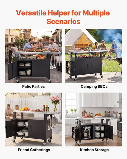 VEVOR Outdoor Grill Cart with Storage Cabinet, 55.1 Inch Grill Table, Waterproof Kitchen Island with Stainless Steel Top, Shelf, and Wheels, Movable Food Prep Station for Patio Bar Backyard BBQ