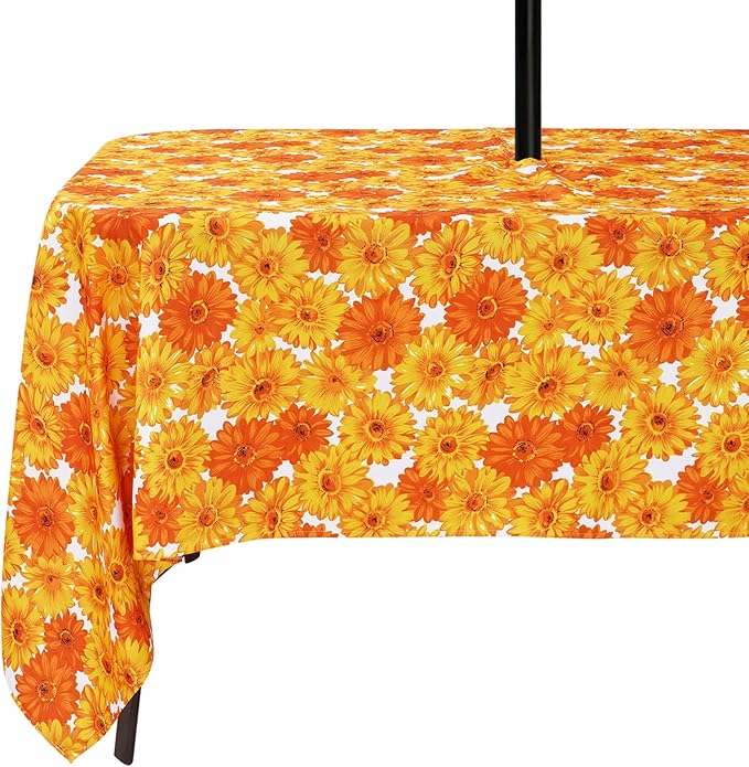 Poise3EHome 60X84 Inches Rectangle Outdoor Tablecloth with Umbrella Hole and Zipper,Spillproof Patio Table Cloth for Camping Picnic Party Garden Table, Yellow Flower