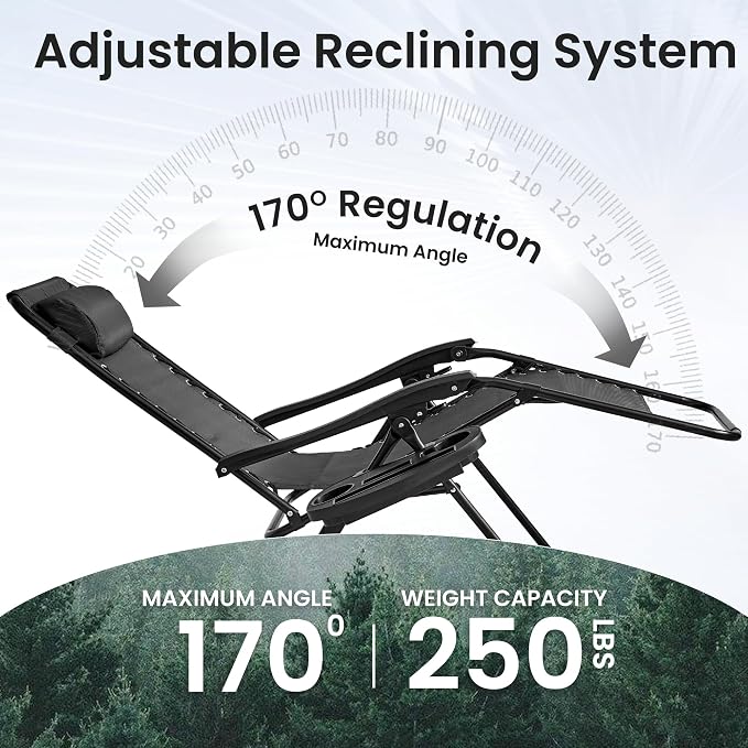 2-Pack Zero Gravity Lounge Chair Recliners - Adjustable Steel Frame with Removable Headrests & Cup/Phone/Tablet Trays - 330LBS Capacity - Black