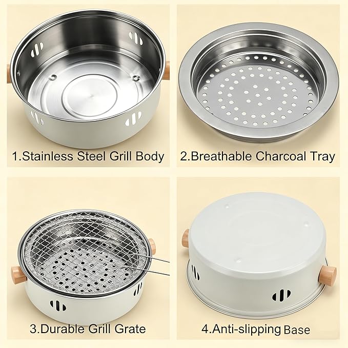 Portable BBQ Charcoal Grill, Mini Tabletop Charcoal Grill Outdoor Multifunctional Round Korean Barbecue Grill for Camping Picnic Beach Party Cooking (Beige)