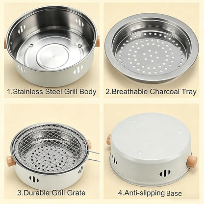 Portable BBQ Charcoal Grill, Mini Tabletop Charcoal Grill Outdoor Multifunctional Round Korean Barbecue Grill for Camping Picnic Beach Party Cooking (Beige)