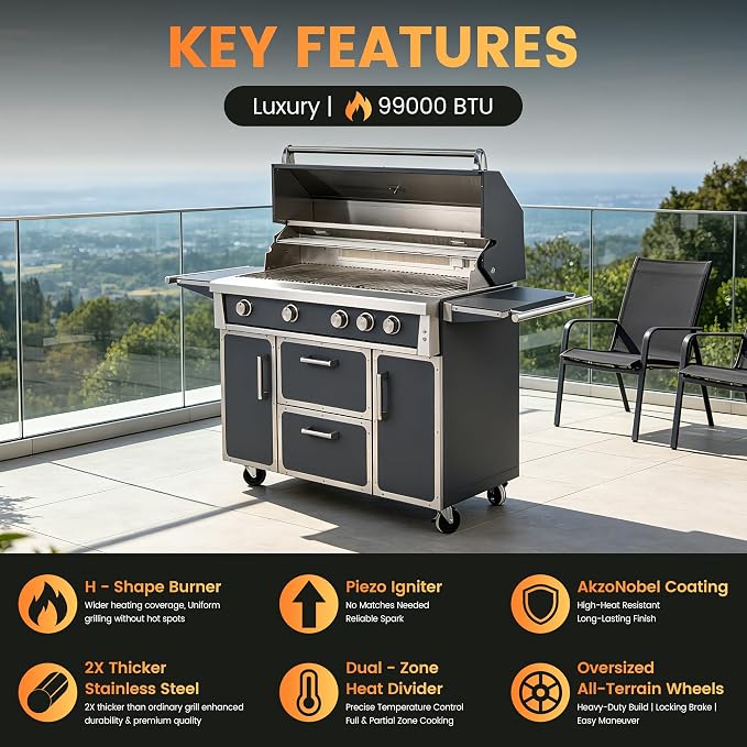 49" Propane Gas Stainless Steel Grill, 4 Burners & Infrared Burner, Grey | 304 stainless steel construction Garden & Outdoor Cooking 99,000 BTU Warming rack Storage drawers