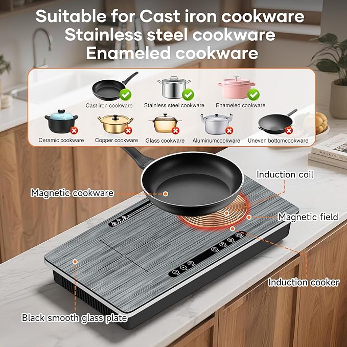 1800W Dual Induction Cooktop, Silver Wood-Grain Panel, 2×900W Burners, Touch Control, 8 Heating Levels, Timer, Black Ceramic Glass, Compatible with Magnetic Cookware