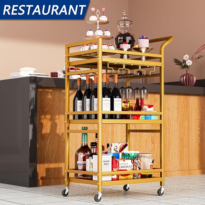 Soywey Bar Cart,Gold Bar Cart,Home Bar Serving Carts,3-Tier Alcohol cart,Cart with Wheels,Suitable for Restaurants, Bars, Kitchens,Gold Colours