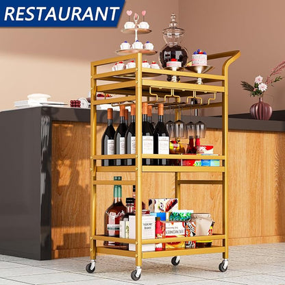 Soywey Bar Cart,Gold Bar Cart,Home Bar Serving Carts,3-Tier Alcohol cart,Cart with Wheels,Suitable for Restaurants, Bars, Kitchens,Gold Colours