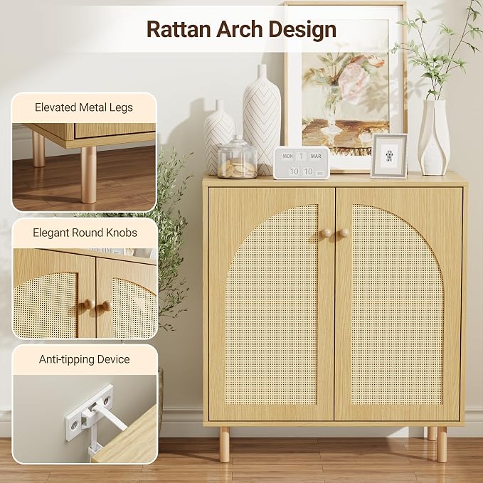 30 Inch Buffet Cabinet with Storage, Boho Sideboard with Rattan Decorated Doors & Adjustable Shelf, Accent Credenza Coffee Bar for Kitchen, Dining Room, Living Room, Entryway