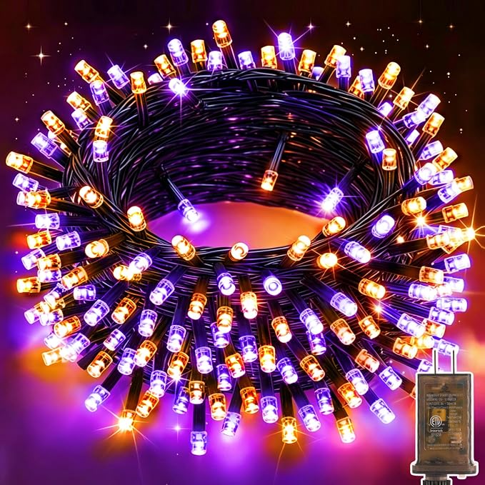 KNONEW LED String Lights Orange and Purple 99FT 300 LED Halloween Lights with 8 Modes Memory for Home Tree Yard Room Indoor & Outdoor Decorations
