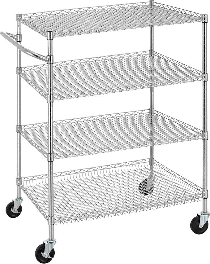 Finnhomy 4 Tier Heavy Duty Commercial Grade Rolling Cart with Handle Bar, Metal Wire Utility Cart with Wheels, Service Trolley on Wheels, Shelf Size 24" D x 36" W, NSF, Chrome