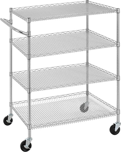 Finnhomy 4 Tier Heavy Duty Commercial Grade Rolling Cart with Handle Bar, Metal Wire Utility Cart with Wheels, Service Trolley on Wheels, Shelf Size 24" D x 36" W, NSF, Chrome