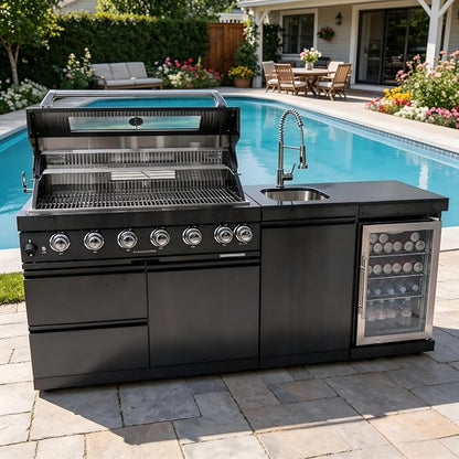 82'' Outdoor Kitchen Island, 6 Burner Modular Outdoor Kitchen, 85000 BTU | LPG, Outdoor Kitchens with Sink, 304 Stainless Steel, Refrigerator, Rotisserie kit, Granite Countertops, Black
