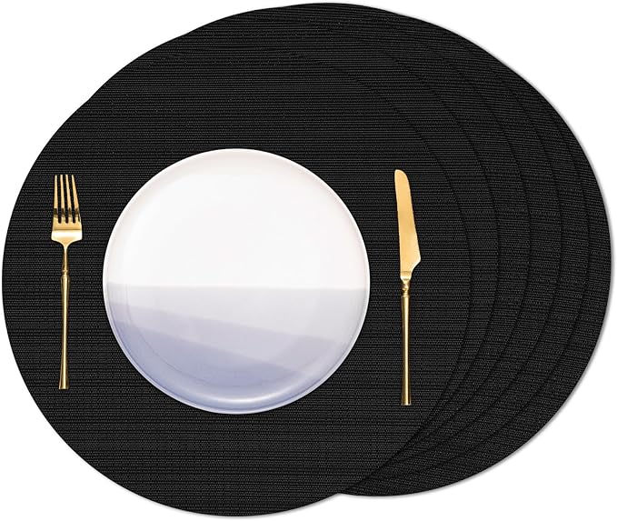 15 Inch Round Placemats Set of 6, Washable Vinyl Woven Place Mats | Heat Resistant Non-Slip Braided Table Mats for Dining Table Kitchen Indoor & Outdoor Use (Black, Set of 6)