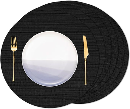 15 Inch Round Placemats Set of 6, Washable Vinyl Woven Place Mats | Heat Resistant Non-Slip Braided Table Mats for Dining Table Kitchen Indoor & Outdoor Use (Black, Set of 6)