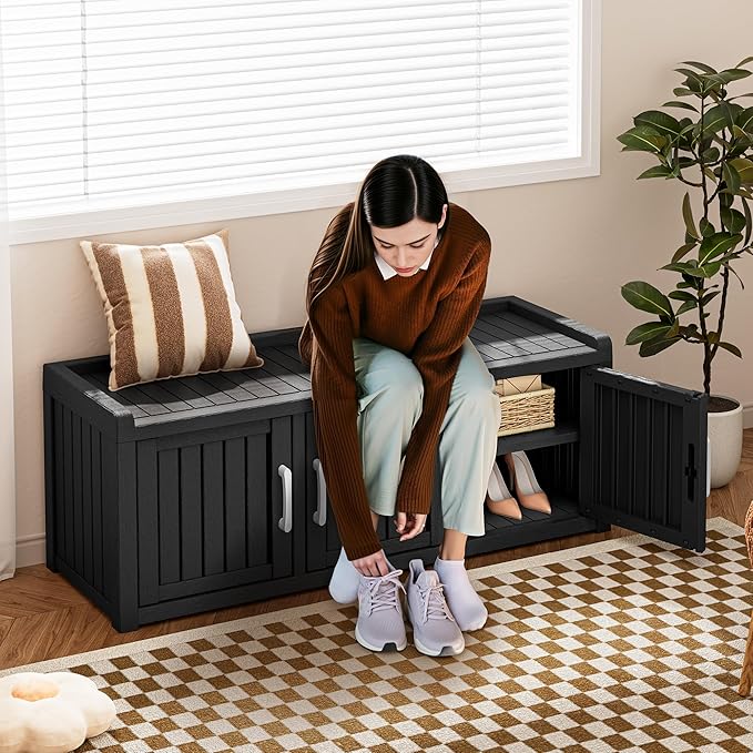 Bifanuo Shoe Storage Cabinet, 3 Door Outdoor Storage Bench with Adjustable Shelves, Waterproof UV-Resistant for Hallway, Living Room, Entryway, Large Capacity Modern Organizer (Black)