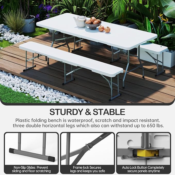 VSOAEIL 6 Foot Folding Bench, 6 FT Foldable Plastic Bench Indoor & Outdoor | 6 Feet Portable Bench Seating with Handle and HDPE Tabletop - Party, Dining, Picnic, Camping, Sports, Temporary Events, White