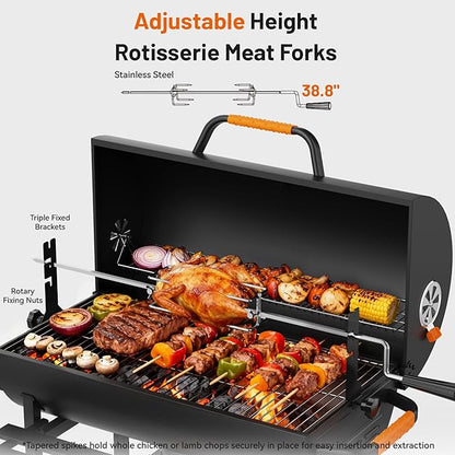 KEYO GRILL 29-Inch Barrel Charcoal Grill, Heavy duty BBQ Grill with Manual Rotisserie Meat Fork, Detachable Windproof Ash Collector Barbecue Smoker Grill Combo for Backyard, Patio and Parties ﻿