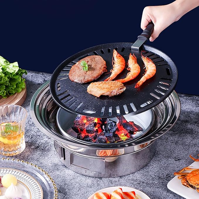 Portable Korean Style Stainless-Steel Barbecue Grill, Charcoal BBQ Round Grill Stove for Outdoor Camping, Picnicking & Parties 1~4 People, 13.8" DIA