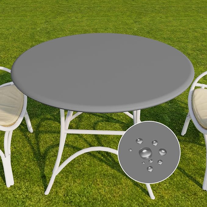 Romanstile Round Fitted Vinyl Tablecloth with Elastic Edge 100% Waterproof | Table Covers for 45"- 56" Tables, Wipeable Flannel Backed Plastic Table Cloths for Dinner, Picnic, Camping, Outdoor, Grey