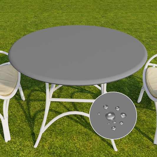 Romanstile Round Fitted Vinyl Tablecloth with Elastic Edge 100% Waterproof | Table Covers for 36"- 44" Tables, Wipeable Flannel Backed Plastic Table Cloths for Dinner, Picnic, Camping, Outdoor, Grey