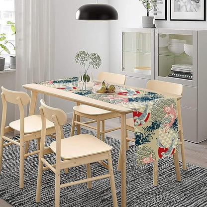 Koi Fish Table Runner Asian Chinese Japanese Wave Red Sun Seasonal Summer Holiday Dinner Runner for Farmhouse Kitchen Dinner Table Party Decoration 13x120in