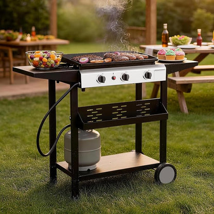 3 Burner BBQ Gas Griddle, 25.6 Inch Stainless Steel Portable Detachable Propane Griddle, 30,000 BTU Flat Top Barbecue Grill with Side Shelves for Camping