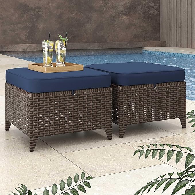 Patio Ottomans 2 Pieces, Outdoor 22" x 22" PE Wicker Ottoman with Removable Waterproof Cushions, All Weather Rattan Foot Stool Furniture for Deck, Porch, Backyard, Balcony, Poolside