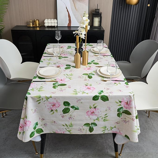 LIBERECOO Reinforced Vinyl Tablecloth with Flannel Backing Waterproof Oil-Proof Floral Plastic Table Cloth Stain-Resistant Wipeable Table Cover Not Stiff