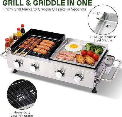 Gas Grill and Griddle Combo, 4-Burner Propane Grill with Cast Iron Grates and Stainless Steel Griddle, 40,000 BTU Tabletop Grill Griddle Combo for Outdoor BBQ, Camping, Tailgating