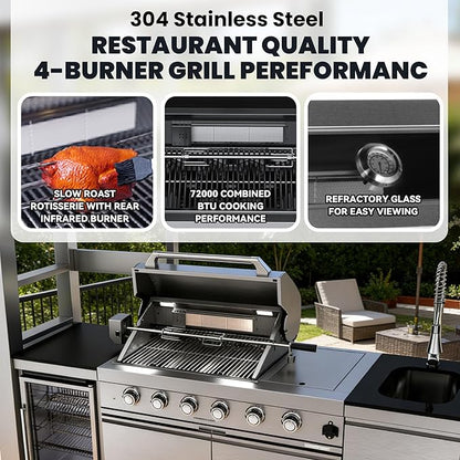 97-inch outdoor kitchen island featuring a 4-burner 72,000 BTU propane stainless steel grill with refrigerator and sink, rotisserie, granite countertop, silver (Silver, 97"(Propane Gas))