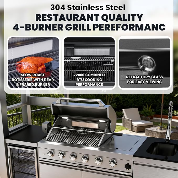 97 Inch Outdoor Kitchen Island with Shed, 72000 BTU 4-Burner Stainless Steel Propane Gas Grill, Wine Cooler Refrigerator, Galvanized Steel Roof, Black Granite Countertop, Silver