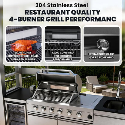 97 Inch Outdoor Kitchen Island with Shed, 72000 BTU 4-Burner Stainless Steel Propane Gas Grill, Wine Cooler Refrigerator, Galvanized Steel Roof, Black Granite Countertop, Silver