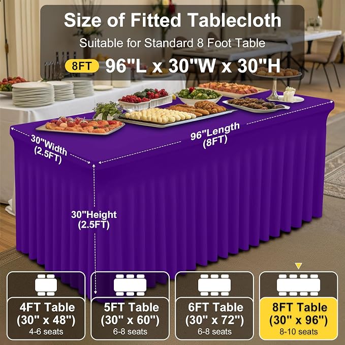 Smiry 2 Pack Spandex Elastic Fitted Table Cloth Skirt for 8FT Table | Stretch Washable Table Cloth, Banquet Table Cover for Wedding, Party, Indoor & Trade Shows, (Purple, 96Lx30Wx30H)