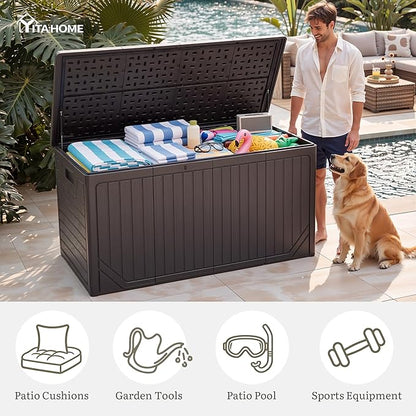 YITAHOME XXL 300 Gallon Extra Large Outdoor Deck Box, Lockable Resin Double-Wall Storage Box and Waterproof Patio Furniture Bin for Garden Tools & Pool Accessories, Brown