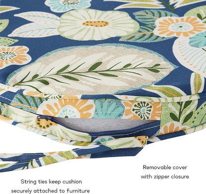 Set of 2 Outdoor 18 inch Round Patio Dining Chair Pads – Comfortable Fiber-Filled Seat Cushions with Ties, Reversible Polyester Fabric - Marlow Blue Floral