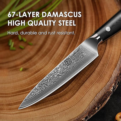 KEEMAKE Paring Knife, 5 Inch 67-Layer Damascus Steel Fruit Knife with Ergonomic G10 Handle, Multipurpose Kitchen Knife for Fruit and Vegetable Cutting