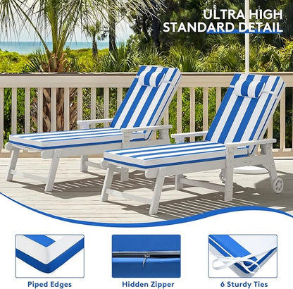 Chaise Lounge Cushion for Outdoor Furniture, Waterproof, Fade-Resistant and Tear Resistant, Patio Lounger Pads with Removable Cover for Pool, Deck, Lawn, 72x21x4 Inch, Blue & White Stripe