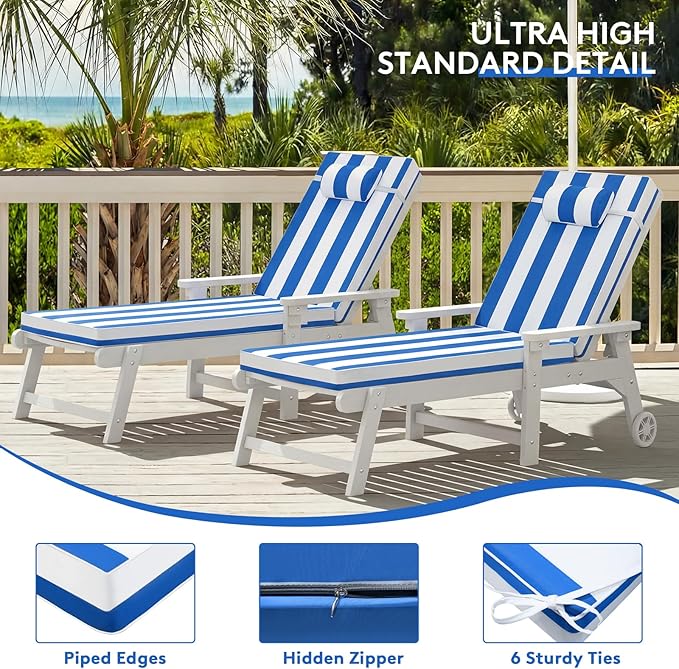 Chaise Lounge Cushion for Outdoor Furniture, Waterproof, Fade-Resistant and Tear Resistant, Patio Lounger Pads with Removable Cover for Pool, Deck, Lawn, 80x26x4 inch, Blue & White Stripe